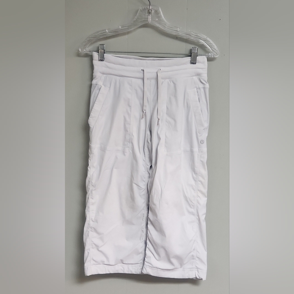 Lululemon White Crop Stripe Lined Leggings Yoga Pilates Size4 Elastic Drawstring